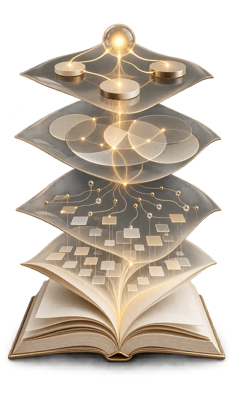 An open book beneath translucent layers of connected diagrams